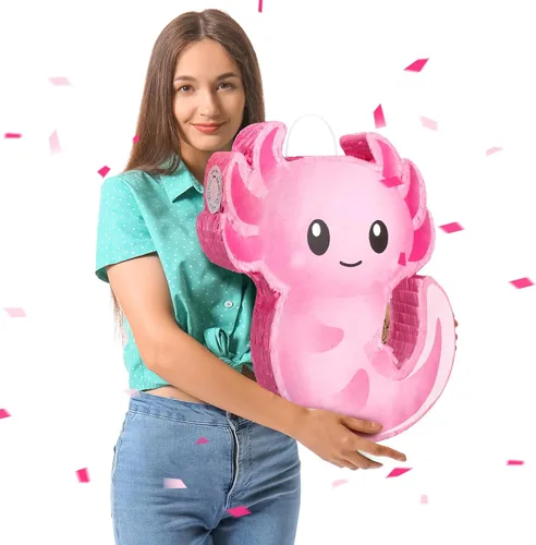 Miniatura 7 de Piñata de ajolote rosa para cumpleaños, fiesta de Navidad, piñata rosa con palo, confeti para Navidad, regalo de adultos, decoración de fiestas
