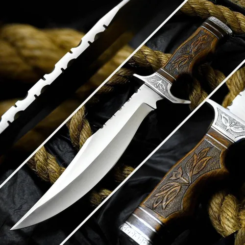 Miniatura 2 de 2a's Knives Cuchillo Bowie de acero D2 hecho a mano con funda, este cuchillo de corte tiene mango de madera grabado a mano.