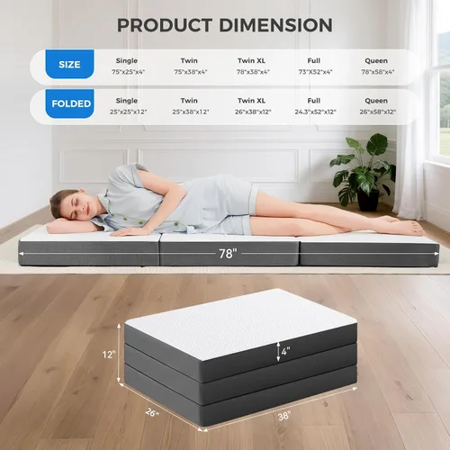 Miniatura 2 de MASVIS Colchón Trifold, Colchón Plegable de Espuma Viscoelástica de 4 Pulgadas con Funda Lavable, Cama de Piso Tri-Plegable para Acampar, Twin XL