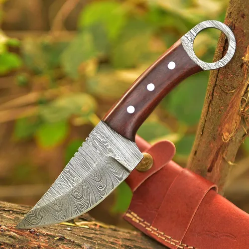 Miniatura 4 de Cuchillo de caza de hoja de acero de Damasco con lazo para cinturón de cuero, cuchillos de damasco de hoja fija para hombres, el mejor cuchillo