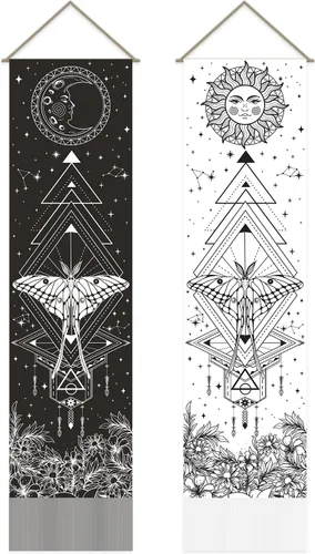 Miniatura 14 de AHANDMAKER 2 tapices de flores y hojas, tapiz de sol y luna, psicodélico largo vertical para colgar en la pared, tapices de estética botánica, tapiz