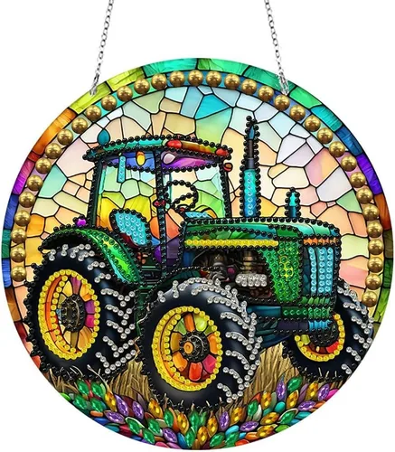 LUSandy Kit de pintura de diamante de tractor verde 5D para bricolaje, letrero de arte de pared, tractor, arte de diamante, atrapasoles, adorno