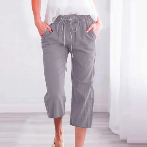 Miniatura 2 de Ceboyel Pantalones capri para mujer para verano, cintura elástica, pantalones de yoga, con cordón, pantalones de lino, pantalones de entrenamiento