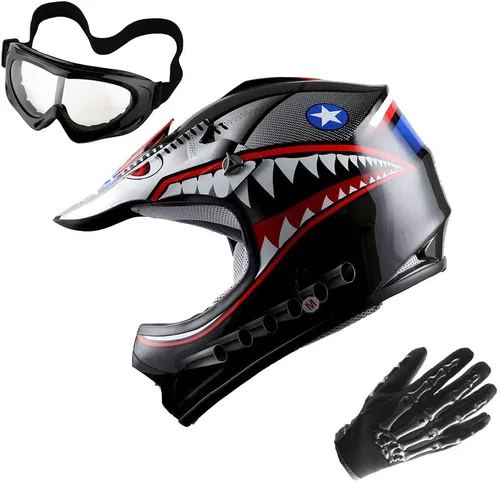 Miniatura 8 de WOW Casco de Motocross Juvenil MX BMX Casco de Bicicleta Araña Negro + Gafas + Guantes Negros Esqueleto Paquete Verde tiburón
