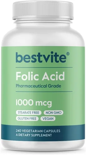 BESTVITE Ácido fólico 1000mcg (vitamina B9) (240 cápsulas vegetarianas) - Sin fosfato dicálcico - Sin estearatos - Sin dióxido de silicio - Sin OMG