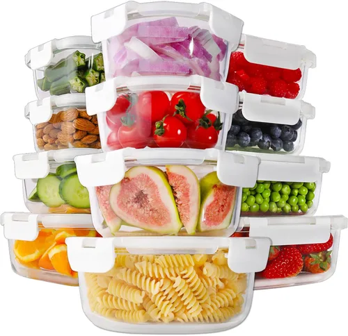 Miniatura 10 de HOMBERKING 24 recipientes de vidrio para almacenamiento de alimentos con tapas, cajas Bento de vidrio herméticas, sin BPA y a prueba de fugas, Rosa