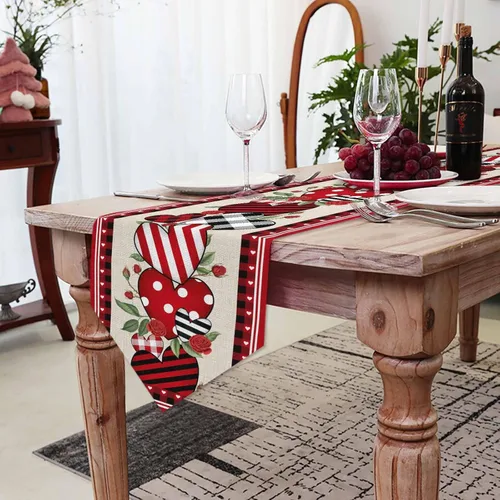 Miniatura 2 de Camino de mesa de corazón de amor para el día de San Valentín, camino de mesa de arpillera antideslizante, decoración retro de lino para casa