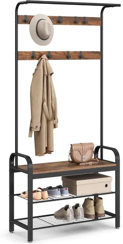 Miniatura 11 de VASAGLE Perchero, árbol de pasillo con banco de zapatos para entrada, banco de entrada con perchero, 4 en 1, con 9 ganchos extraíbles, una barra