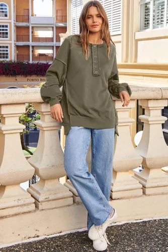 Miniatura 33 de AlvaQ - Sudadera de gran tamaño para mujer, informal, de manga larga, con botones y cuello Henley, tipo túnica