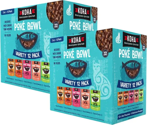 KOHA Pet Food Poké Bowl - Paquete variado de comida húmeda para gatos en salsa, 5 sabores, combinaciones de atún de salmón, pollo, pato, camarones y
