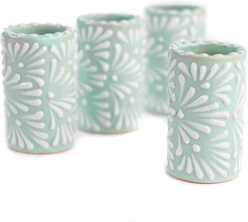 Miniatura 20 de Juego de 4 vasos de chupito Talavera auténticos mexicanos para tequila - Pintados a mano - 2 Oz (Flores naranjas)