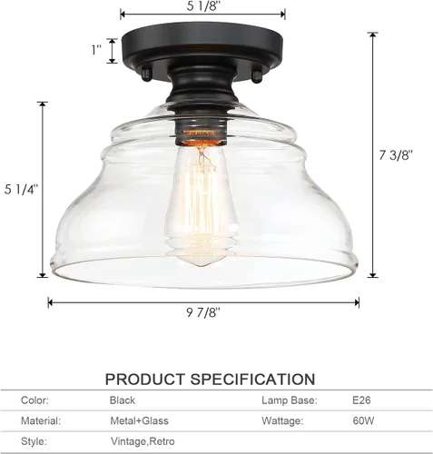Miniatura 3 de MEXO Lámpara de Techo Industrial Semi-empotrada, Luminaria Moderna de Vidrio Transparente Estilo Casa de Campo de 10" Luces de Techo Cercanas al