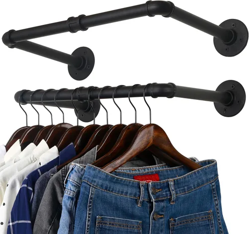 Miniatura 7 de WEBI Perchero de montaje en pared, 24 pulgadas de tubería industrial para colgar ropa, barra de hierro resistente, barra de ropa de exhibición al