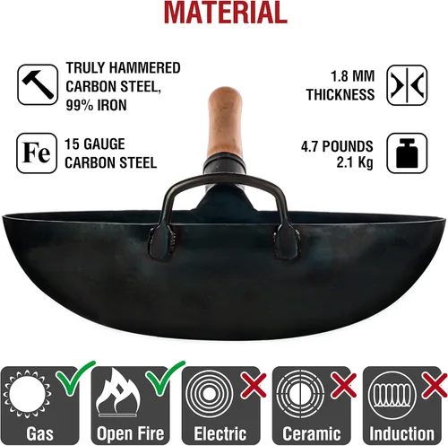 Miniatura 5 de YOSUKATA Sartén Wok de fondo redondo azul – 14 pulgadas con juego de utensilios de wok pre-sazonados – Espátula azul de acero al carbono de 17