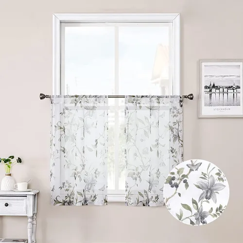 Tollpiz Cortinas cortas y traslúcidas con estampado de mariposas y cerezo gris, media cortina con bolsillo para barra de cocina, cortinas