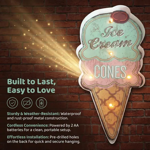 Miniatura 3 de Luz LED retro con forma de helado para decoración de pared, luz nocturna alimentada por batería para dormitorio, sala de estar, habitación