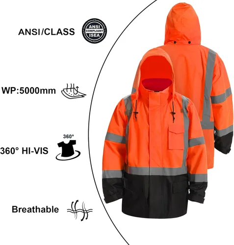 Miniatura 6 de Chaquetas de lluvia reflectantes para hombre impermeables, abrigo de seguridad Hi Vis con tiras reflectantes, chaquetas de lluvia de alta Naranja02