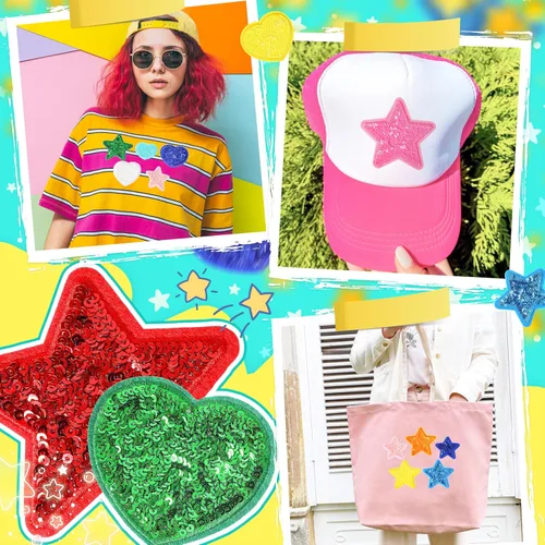 Miniatura 2 de Parches bordados de lentejuelas para planchar para la ropa: KINGSOW 40 piezas Preppy Parche de estrella brillante con adhesivo para manualidades
