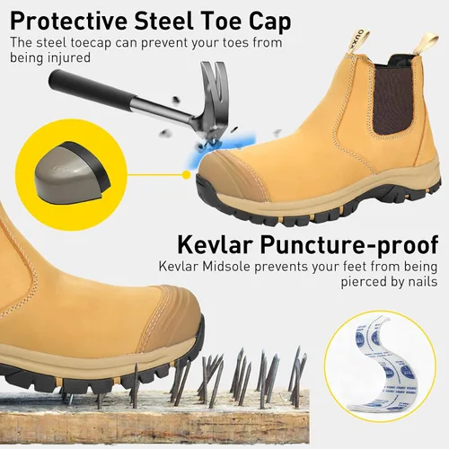 Miniatura 2 de OUXX Botas de trabajo Chelsea con punta de acero para hombre, botas de seguridad sin cordones, cuero impermeable, suela antideslizante, entresuela