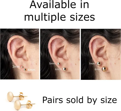 Miniatura 5 de 14k Solid Gold Flat Ball Stud Earrings for Women Modern Button-Style Studs with Butterfly Backs Hypoallergenic & Tarnish-Resistant Sizes 3mm to