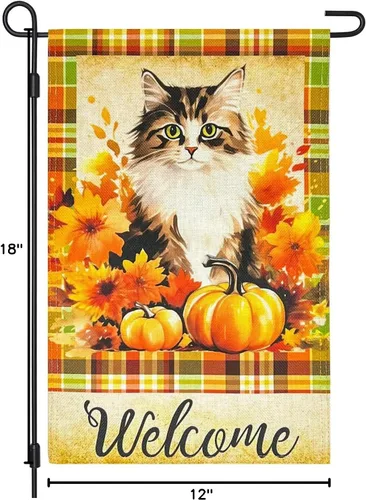 Miniatura 8 de Bandera decorativa de arpillera de otoño para jardín, 12 x 18 pulgadas, de doble cara, calabaza, cachorro, madrás, a cuadros, pequeñas banderas