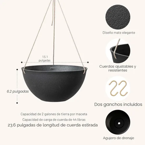 Miniatura 2 de La Jolie Muse - Macetas colgantes para plantas al aire libre, maceta colgante grande con agujeros de drenaje, macetas colgantes negras para flores