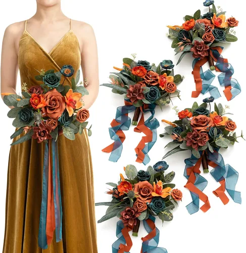 Miniatura 26 de Ling's moment Flores Artificiales Ramo de Damas de Honor Naranja Quemado Juego de 4, Ramos de Flores de Boda para Damas de Honor, Ramos Nupciales