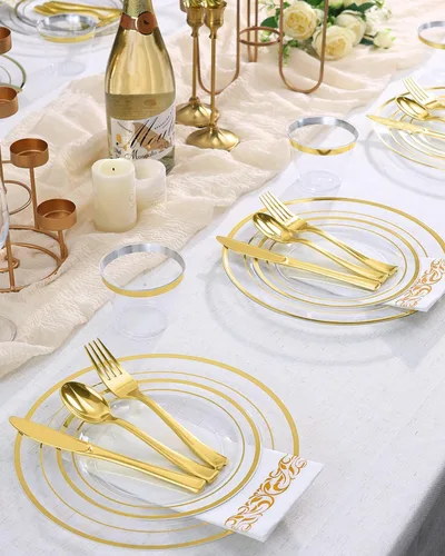 Miniatura 6 de Goodluck 700 platos de plástico dorado transparente para 100 invitados