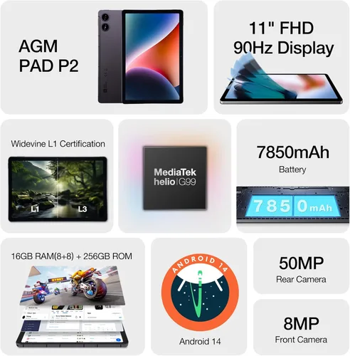 Miniatura 8 de AGM PAD P2 Tablet Android 14 de 11 pulgadas, 90Hz 480 Nits 1920 x 1200 FHD+ pantalla IPS, MTK G99, certificado Widevine L1, altavoces estéreo Quad
