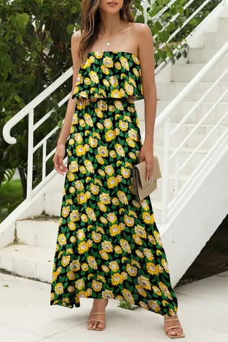Miniatura 2 de ZMPSIISA - Vestido largo de verano con hombros descubiertos para mujer vestido largo sin tirantes con volantes color azul y blanco estilo bohemio