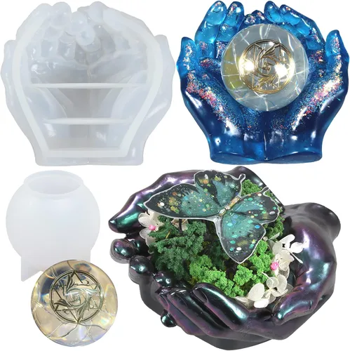 FUNSHOWCASE Manos grandes ahuecadas y bolas de esfera de resina epoxi moldes de silicona, hacer cenicero, plantador, vela, bandeja de baratija,