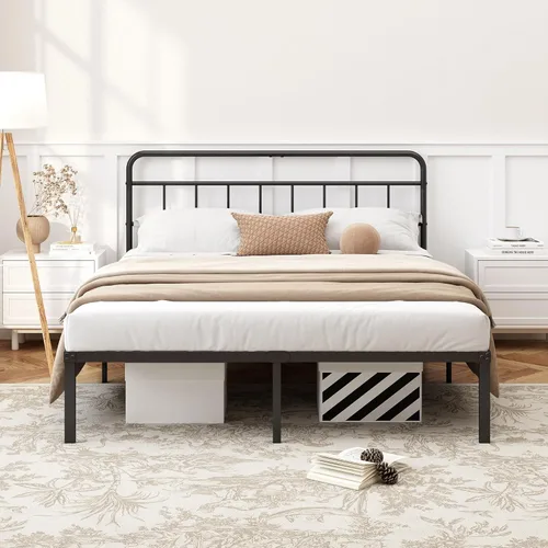Miniatura 3 de Kujielan Marco de cama tamaño Queen de 12 pulgadas con cabecera minimalista, base de plataforma de metal con listones de metal fuertes, base