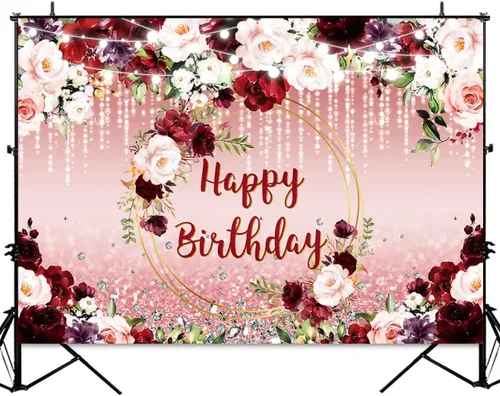 Miniatura 2 de Sensfun Telón de fondo floral de feliz cumpleaños, flores burdeos, oro rosa, purpurina Bokeh, fondo de fotos, fondo de vinilo para fiesta