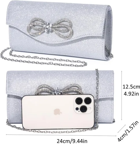 Miniatura 4 de DETARA Bolso de noche para mujer, con lazo de cristal brillante, con solapa, bolso de mano para mujer, boda, fiesta, baile de graduación