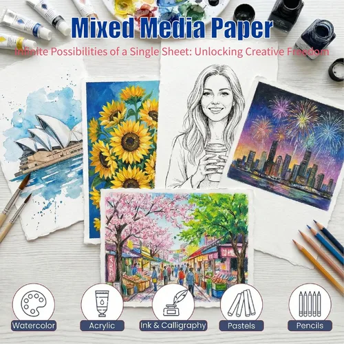 Miniatura 4 de ANSSDO 100 hojas de papel de acuarela con bordes deckled, papel mixto de 160 GSM, hecho a mano en 4 x 6 pulgadas para tarjetas Aceo, pintura