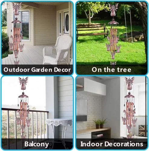 Miniatura 6 de Campanillas de viento de ángel de jardín de 36 pulgadas para decoración interior y exterior, con 4 tubos de aluminio, 6 campanas, 7 ángeles