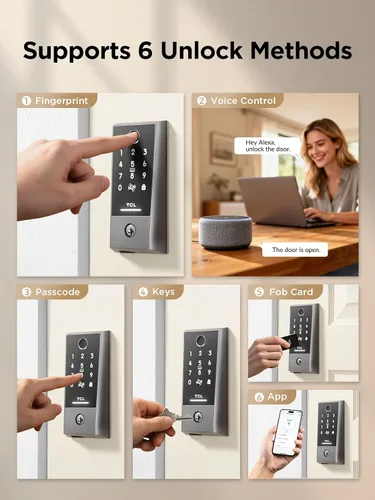 Miniatura 7 de TCL Smart Lock D2 Plus, cerradura de puerta con huella dactilar sin llave, cerradura de cerrojo de teclado con pantalla táctil, timbre integrado