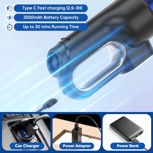 Miniatura 8 de Aspiradora Inalámbrica para Automóvil y Soplador de Aire, 18000 Pa Aspiradora de Mano con Motor sin Escobillas de 130 W, Batería Recargable de 2500