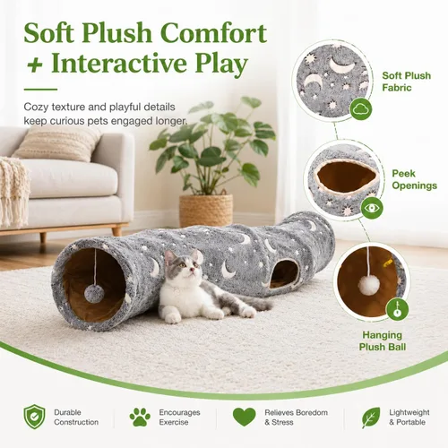 Miniatura 3 de Túnel Tubo para Gatos con Juguetes de Pelotas de Felpa Plegable Auto-Luminoso Fotoluminiscencia, para Mascotas Pequeñas Conejitos Conejos, Gatitos