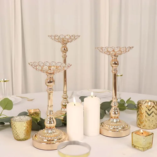Efavormart - Juego de 3 portavelas votivas con cuentas de cristal de metal dorado, soportes para velas de té, 11 pulgadas, 13 pulgadas, 15 pulgadas
