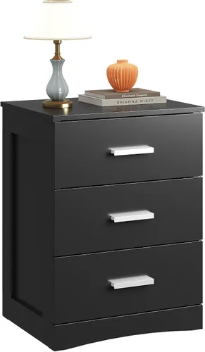 WLIVE Black Night Stand with 3 Drawers, Small Wooden Nightstand, Bed Side Table for Bedroom, Living Room, Dorm, Modern Minimalist Bedside Table
