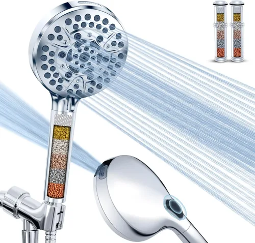 PALAS Cabezal de ducha filtrado con mano, 10 modos de alta presión con filtros, lavado eléctrico incorporado, suaviza el agua dura, elimina el Cromo
