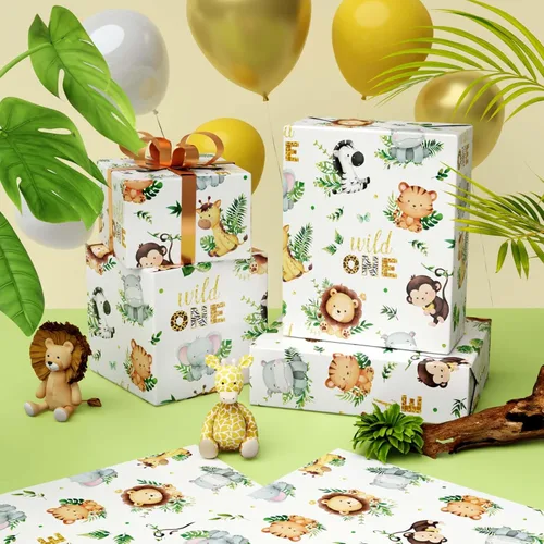 Miniatura 5 de WERNNSAI Papel de Regalo de Animales - 6 Hojas 27.5"x 19.7" Papel de Regalo para Baby Shower Papel de Regalo de Primer Cumpleaños Diseño de Animales