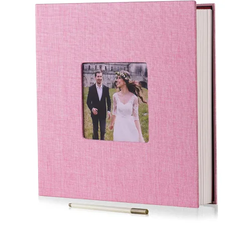 Miniatura 14 de HoneyTolly Álbum de fotos autoadhesivo para fotos de 4 x 6 imágenes, cubierta magnética de lino, 15 hojas/30 páginas en blanco para bodas Beige claro