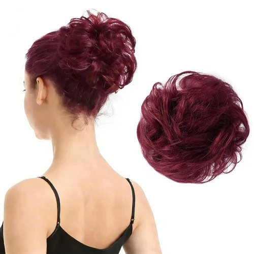 BARSDAR Extensión de moño 100% humano – Cabello humano real rojo desordenado moño coletero para mujer – Extensiones elásticas onduladas de color