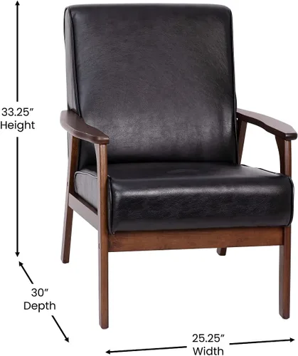 Miniatura 3 de Flash Furniture Langston Silla comercial moderna de mediados de siglo, tapicería LeatherSoft negra, marco y brazos de madera con acabado de nogal