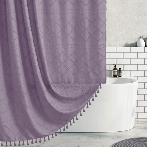 Siiluminisoy Cortina de ducha bohemia de tela tejida morada, bonita cortina de ducha de 72 x 72 pulgadas, con textura de cheurón copetudo, a rayas,