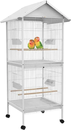 PawHut Comedero de jaula de pájaros de metal forjado con soporte rodante, posaderas, contenedores de alimentos, puertas, ruedas, 67 pulgadas de
