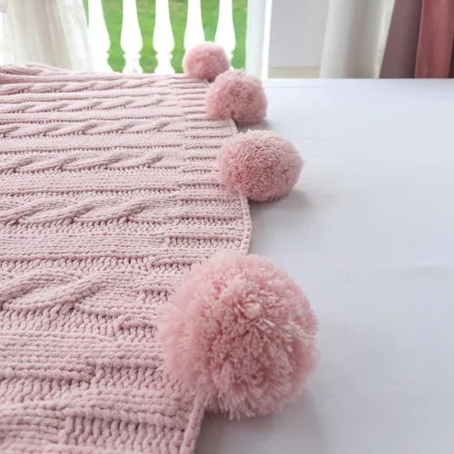 Miniatura 5 de Manta de punto de felpilla gruesa con 14 piezas con pompones, súper suave, acogedora y cálida, para sofá y cama, sofá suave, 50 x 60 pulgadas (rosa)