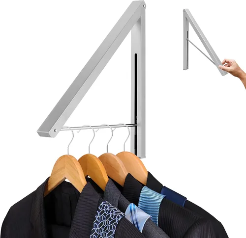 Miniatura 6 de Perchero plegable individual, colgador de ropa retráctil montado en la pared para cuarto de secadora de lavandería, barra de secado colgante, Blanco